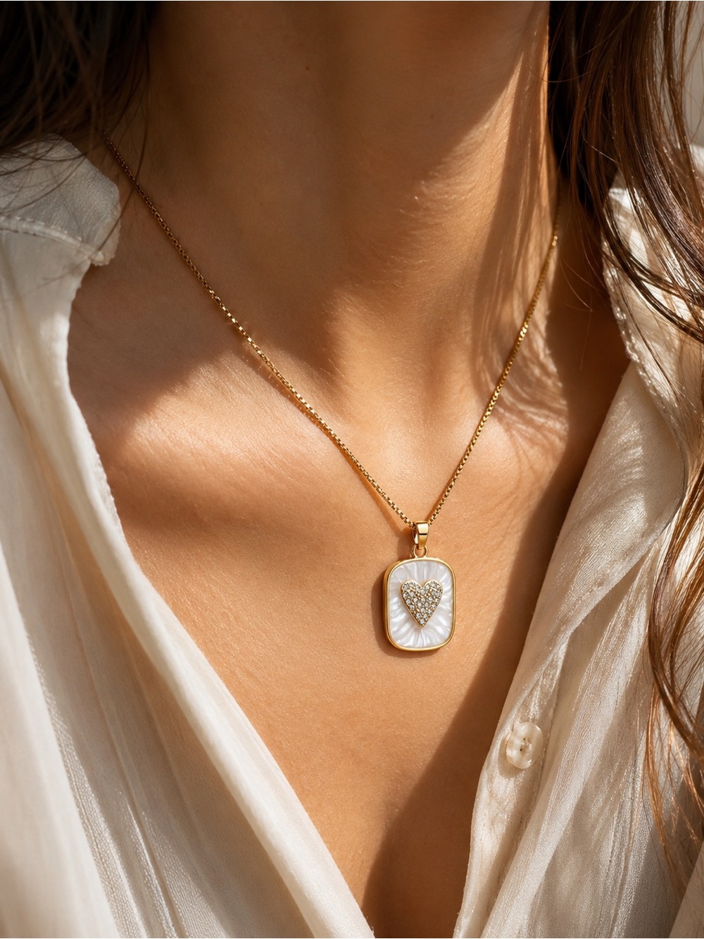 18K Gold Plated White Enamel Heart Necklace CZ Waterproof Stainless Steel